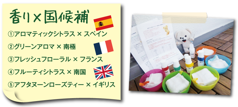 香り×国候補 ①アロマティックシトラス × スペイン②グリーンアロマ × 南極③フレッシュフローラル × フランス ④フルーティシトラス × 南国⑤アフタヌーンローズティー × イギリス