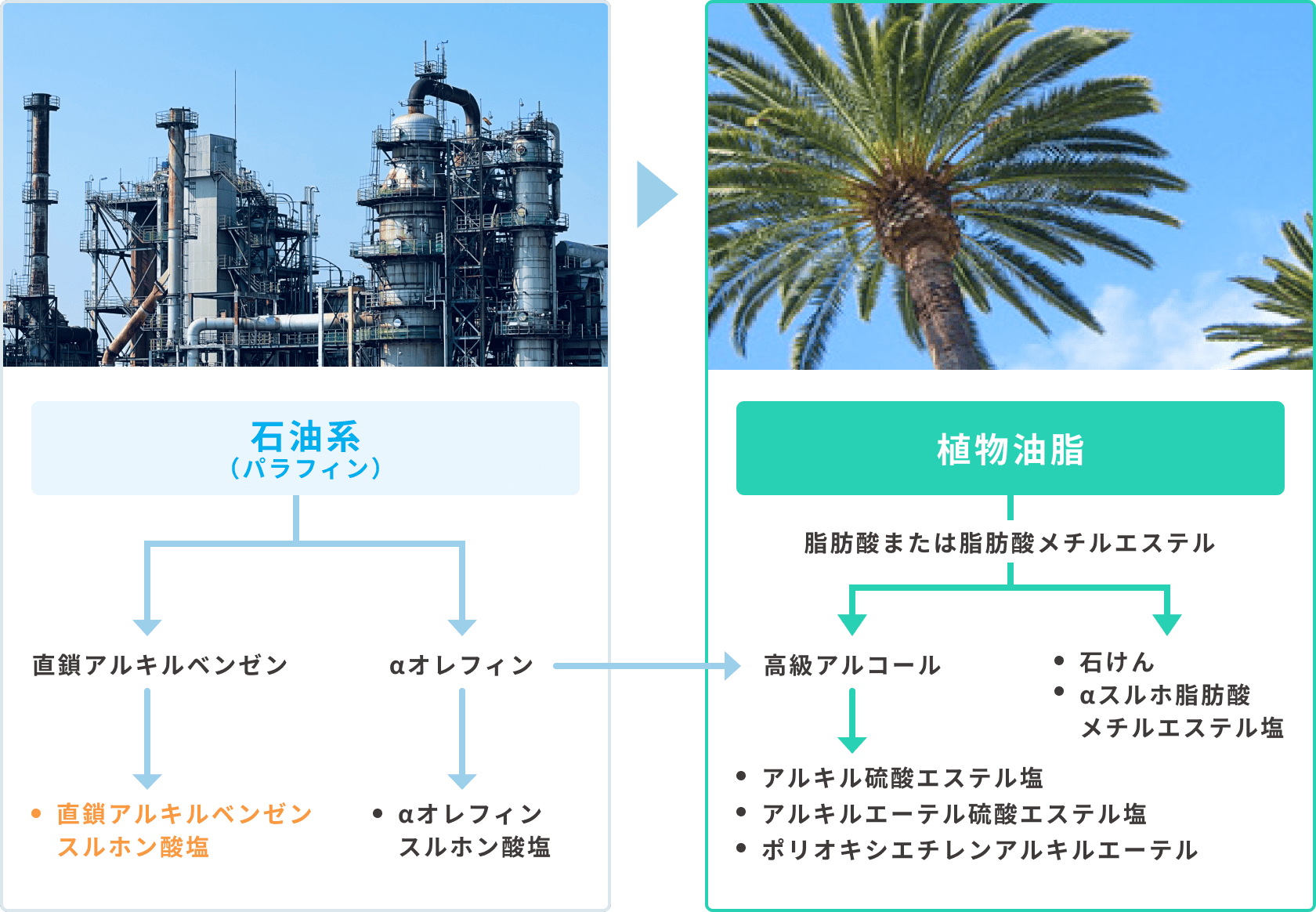 石油系原料から植物系原料への転換図